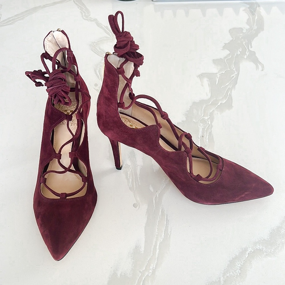 Vince Camuto Barsha Burgundy Wine Lace Up Leather Suede Stiletto Heels Womens 8